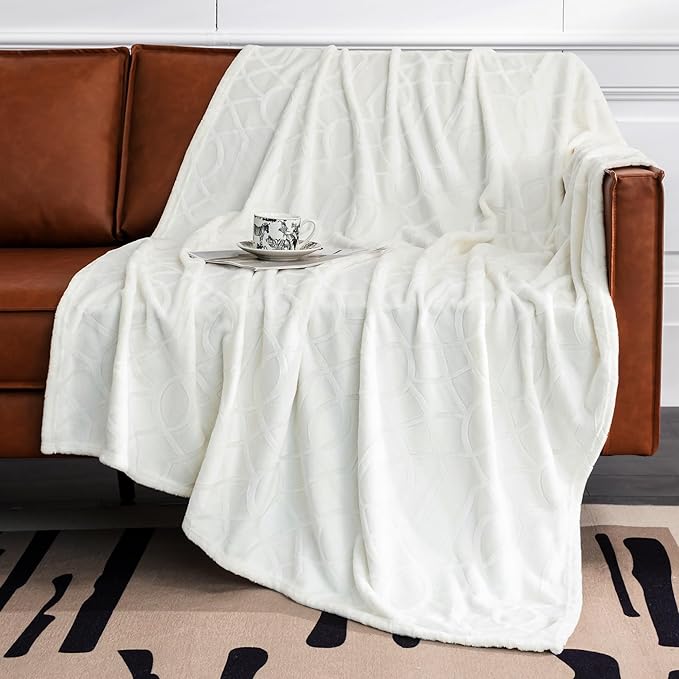 Soft Cozy Fleece Queen Size Blanket, 90x90 Inches – Lightweight Plush Blanket for Bed, Fuzzy 3D Jacquard Design - Ivory White