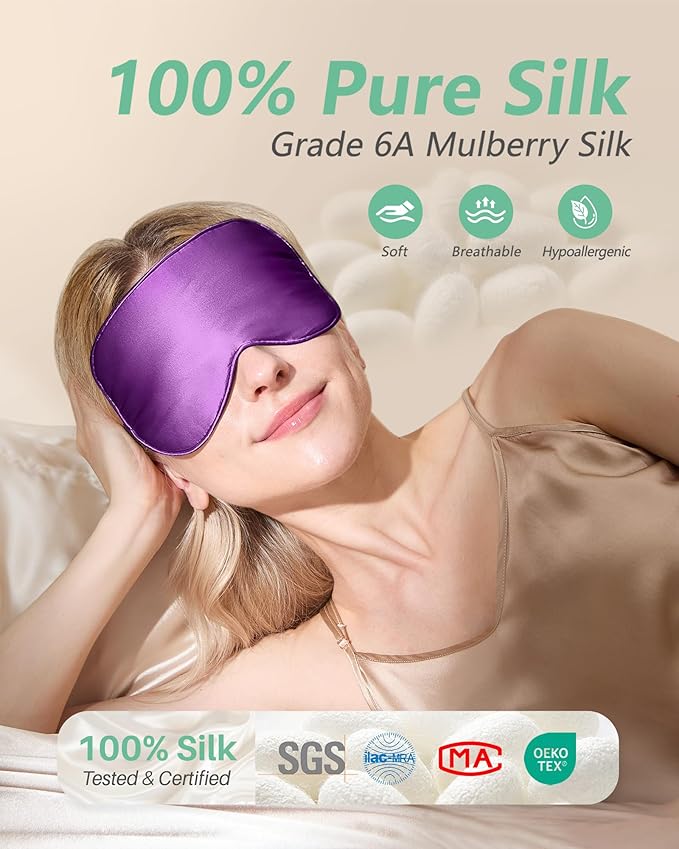 BeeVines 100% Real Mulberry Silk 2 Pack Sleep Mask, Pure Silk Eye Masks with Adjustable Strap for Sleeping, 100% Block Light Eye Shade Cover, Reduces Puffy Eyes Traveling Gifts(Black & Rich Purple)