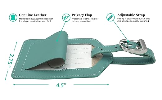 Turquoise Genuine Top Grain Leather Luggage Tag