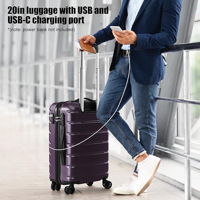 Coolife Luggage 3 Piece Set Suitcase Spinner ABS+PC Hardshell Lightweight TSA Lock USB Port, 20in 24in 28in Carry on Expandable (only 28’’), Purple
