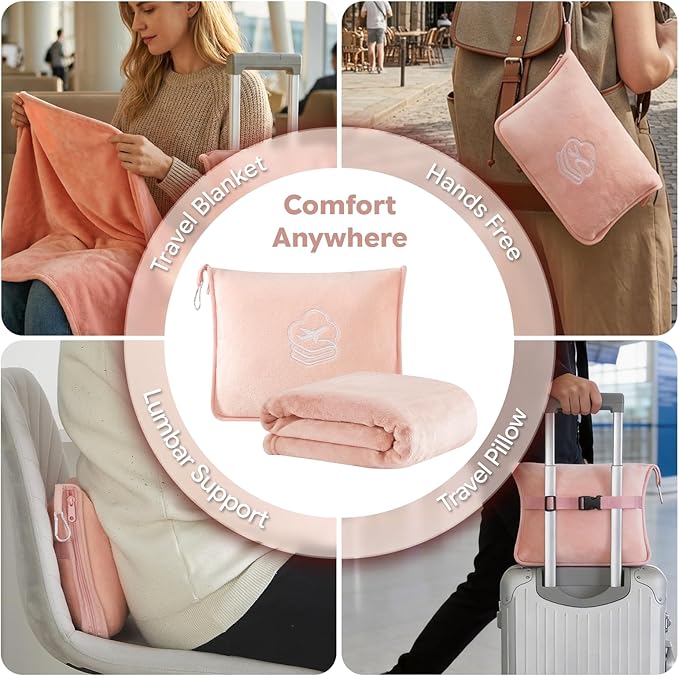 Travel Blanket, Soft 2-in-1 Airplane Blanket, 65x40 Inches, Travel Essentials Car Blanket with Luggage Sleeve & Backpack Clip (Peachy Pink)