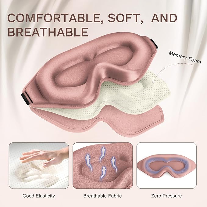 FlyCoco 99% Fully Block Out Light Eye Sleep Mask, 3D Deep Contoured Eyes Cover Zero Pressure, Long Lash Extension Eyes Mask with Adjustable Straps for Sleeping Travel Home Nap Rest Women Men (Rose)