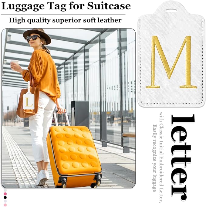 Personalized Initial Luggage Tags for Suitcases,Leather Letter Cute Luggage Tags with Privacy Name Card,Embroidered Monogrammed Travel Bag Backpack Tag Gifts for Women Kids Girls Teens(White-M)
