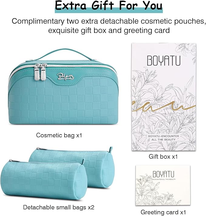 BOYATU Checkered Travel Makeup Bags: Vacation-Ready Light Blue Large Capacity Cosmetic Bag for Women - 3 Pcs Set Toiletry Organizer with Waterproof Leather - Easy to Clean Beach Trip Essential