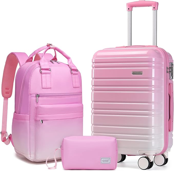 LARVENDER Carry on Luggage 22x14x9 Airline Approved Hardshell Suitcase with Wheels TSA Lock, PC+ABS Lightweight Suitcase Set for Women with Travel Backpack, Peach Sparkling, 3 Piece Set