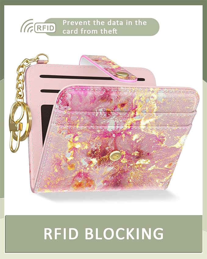Aiawoxc Womens Wallet, RFID Small Wallets for Women, Slim Compact Credit Card Holder, Cute Leather Bifold Ladies Purse with Zipper Coin Pocket and ID Window, Gold Pink Marble