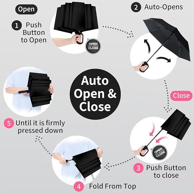 Compact Automatic Folding Travel Umbrella-Windproof Rainproof, PF50+ Sun Protection for Hiking,Outdoor,Chool,Golf Course & Daily Use,Sturdy Multi-Ribbed Frame