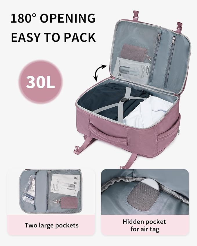 ECOHUB Travel Backpack for Women, 18x14x8 Spirit Airlines Personal Item Bag with Clear Toiletry Bag, Laptop Carry on Backpack with USB Port, Airline Approved Under Seat 14 Pockets 30L, Pink