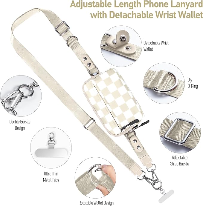 Tiostep Clip and Go Strap for Phone with Wallet Crossbody Phone Lanyard and Detachable Checkered Bag with ID Window and RFID Pouch for Daily Travel.