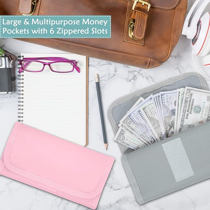 VOCHIC Money Wallet, Money Organizer for Cash with 6 Zippered Pocket Multipack Money Pouch, Cash Bill Organizer, Money Bag Small Travel Money Holder for Budgeting, Receipt and Tips
