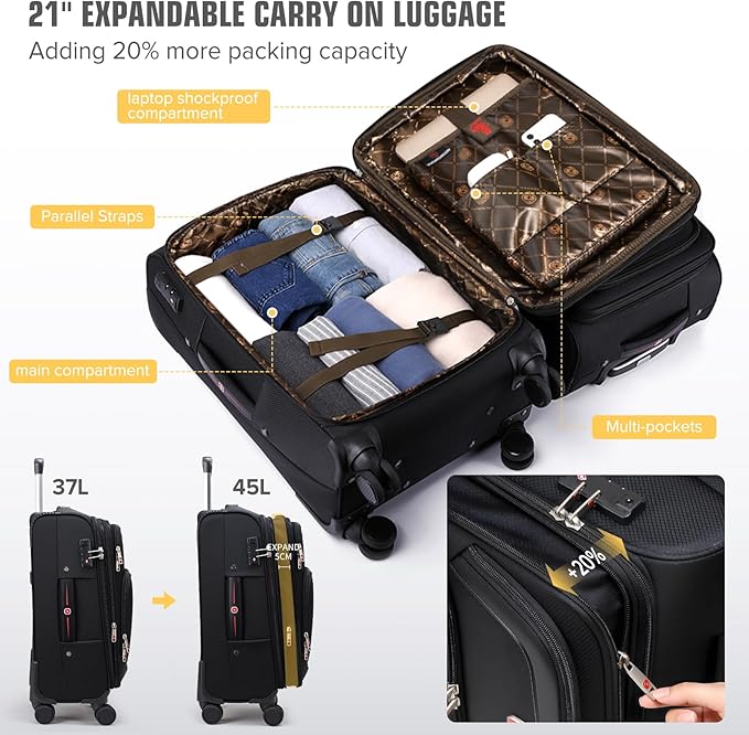Softside Expandable Carry On Luggage Rolling Suitcase with Spinner Wheels (Black, 21-Inch)