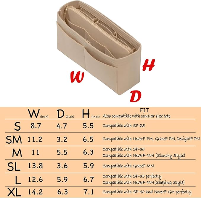 DailyPlus Purse Organizer Insert with Zipper Felt Bag Organizer Handbag Organizer Insert Bag in Bag Organizer with Key Chain for Tote Purse Bag Beige Slender-Medium