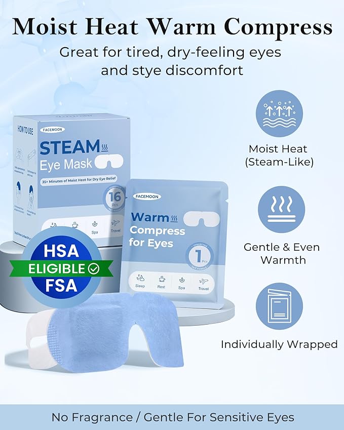16 Pack Steam Eye Mask for Dry Eyes: Self-Heating Warm Compress for Stye Relief & Digital Eye Strain, FSA&HSA Eligible, Disposable, No Microwave, Travel & Spa Essential, Self-Care Gift, Unscented