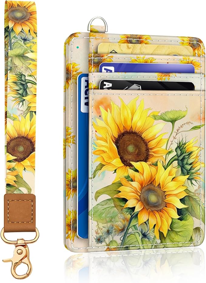Yonlevres Sunflower Credit Card Holder Slim Wallet, RFID Wallet Women Front Pocket Wristlet Lanyard, Small Card Holder Travel Funny Cute Thin Card Case ID Window PU Leather Card Organizer Gifts Girls