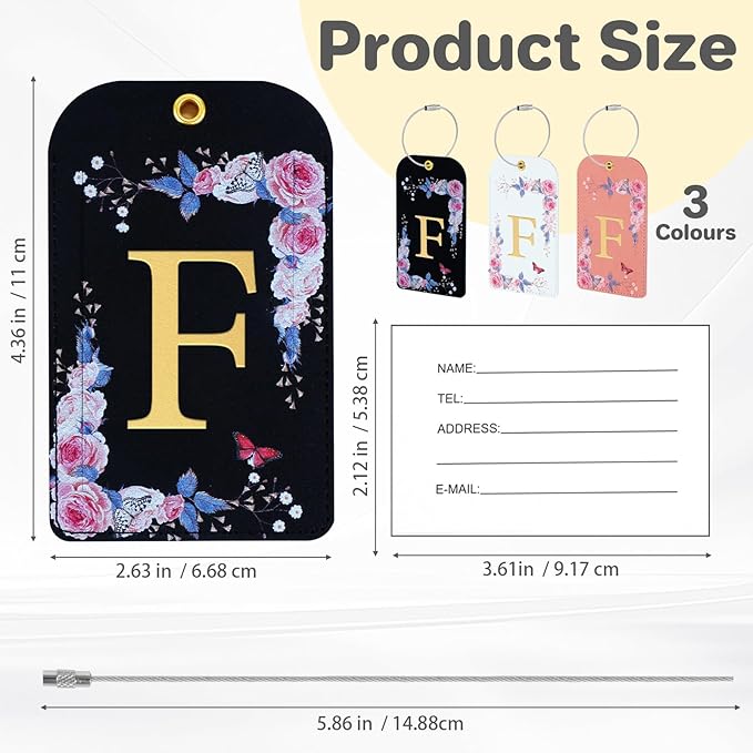 3 Pack Luxury Floral Luggage Tags, Durable PU Leather Suitcase Tags with Stainless Steel Cable Strap, Hidden ID Slot for Privacy Protection, Easy to Identify Waterproof Travel Accessories Gift (F)