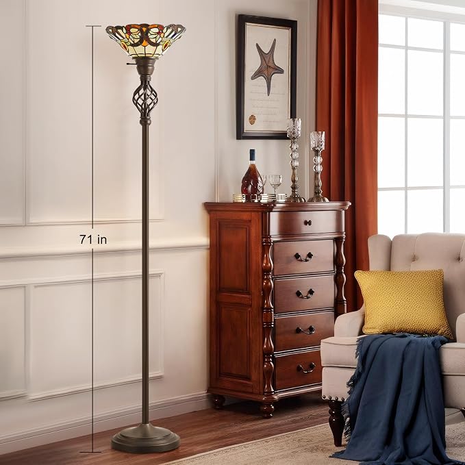 Tiffany Floor Lamp Torchiere Floor Lamp with Stained Glass 71 Inch Tall Floor Lamp Standing Reading Light Floor Lamp for Living Room Corner Bedroom Home Office, Bulbs Included