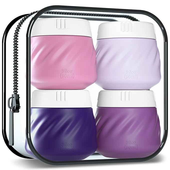 Gemice Silicone Cream Jars TSA Approved Travel Size Containers with Clear Bag, Leak-proof Travel Accessories with Lid for Cosmetic Face Body Hand Cream (4 Pack)