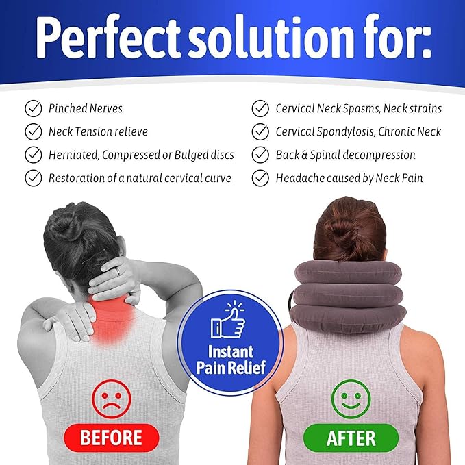 Cervical Neck Traction Device for Instant Neck Pain Relief - Inflatable & Adjustable Neck Stretcher Neck Support Brace, Best Neck Traction Pillow for Home Use Neck Decompression (Blue)