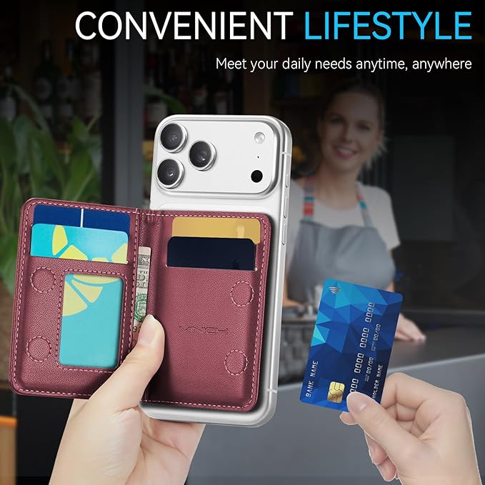 Vinich for Magsafe Wallet Magnetic RFID Blocking Card Holder Compatible with MagSafe Phones and Cases, Strong Magnet Minimalist Phone Wallet for iPhone 17/16/15/14/13/12/Pro/Max/Plus, Wine Red