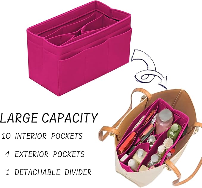 DailyPlus Purse Organizer Insert Felt Bag Organizer Handbag Organizer Insert Bag In Bag Organizer for Tote Purse Bag 14 Pockets Rose Medium