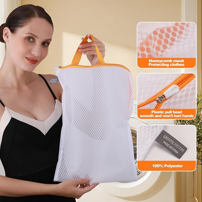Kimmama Laundry Mesh Wash Bags, Lingerie Bags for Washing Delicates, Mesh Laundry Bags for Washing Machine, White Net, Orange Zipper, 1L & 2M