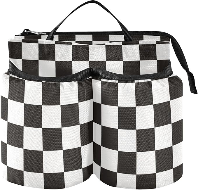 Checkered Black Luggage Cup Holder Travel Portable Free Hand Drink Carrier Suitcase Drinks Beverage Holder Carry-On Bottle Mug Holder Organizer Bag Travelers Accessories