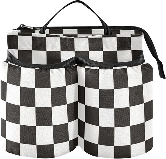 Checkered Black Luggage Cup Holder Travel Portable Free Hand Drink Carrier Suitcase Drinks Beverage Holder Carry-On Bottle Mug Holder Organizer Bag Travelers Accessories