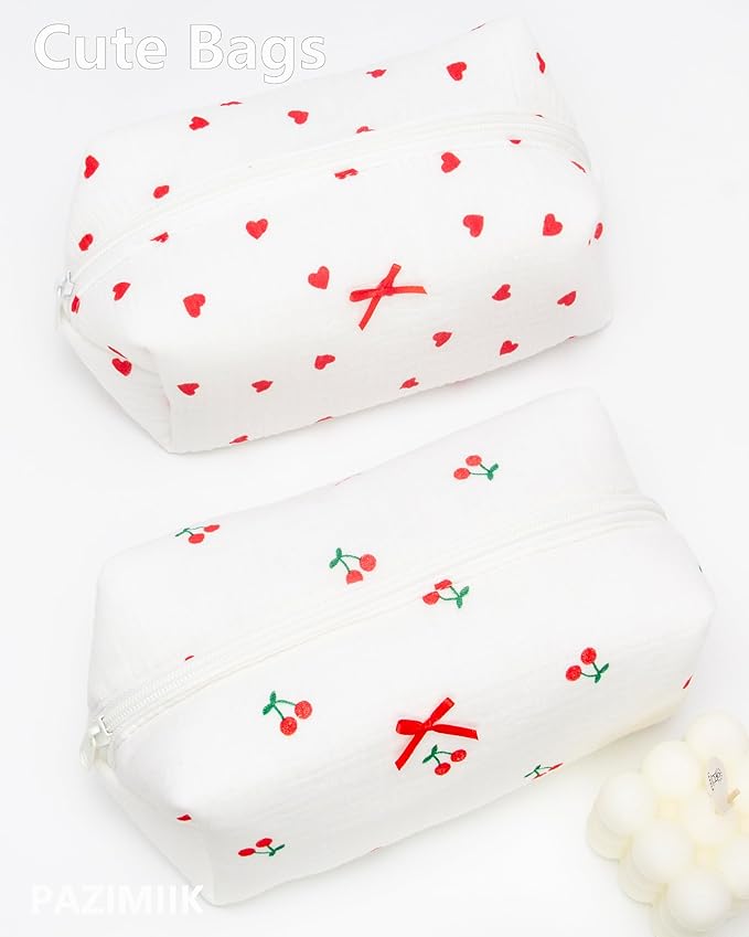 PAZIMIIK Cozy Makeup Bag Small Aesthetic Travel Zipper Cosmetic Pouch for Women Make Up Beauty Accessories Brushes,Cherry White