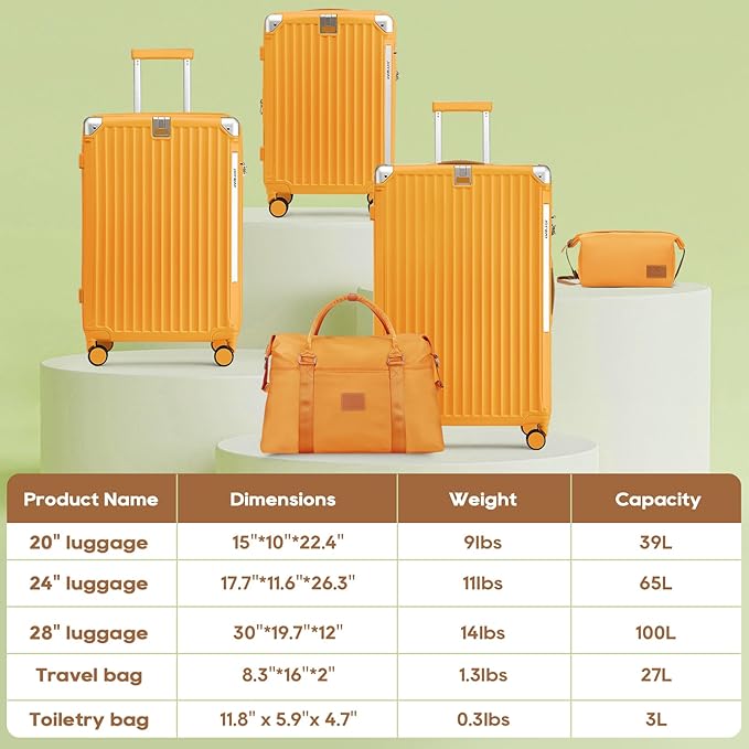 Joyway 5 Piece Luggage Set with Cup Holder, Expandable 25% Capacity, Includes Handbag, Anti Slip Wheels, Hook, Smart Carry On Suitcase for Men and Women, Spinner Travel Orange