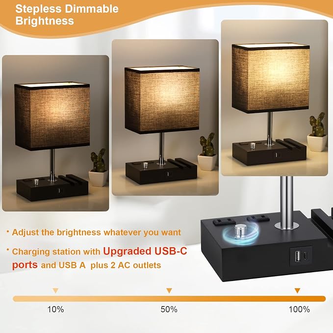 Black Table Lamp for Bedroom - Stepless Dimmable, USB C+A, 2 AC Outlets | Dimming By Rotary Knob, USB C+A Ports, 2 Phone Stands, LED Bulbs Included, Rectangle Black Lampshade, for Living Room, Desk