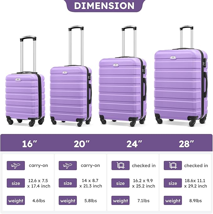 Suitour 4 Piece Luggage Sets, Hard Shell Suitcase Set with Spinner Wheels 16 20 24 28inch Travel Sets(Purple)