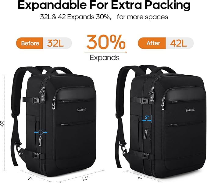 Bagsure Travel Backpack Carry On Backpack 42L Flight Approved, Expandable Laptop Backpack with Packing Cubes & Shoe Pocket, Water Resistant Luggage Backpack for Men Women, Large Backpack 20 * 14 * 7"