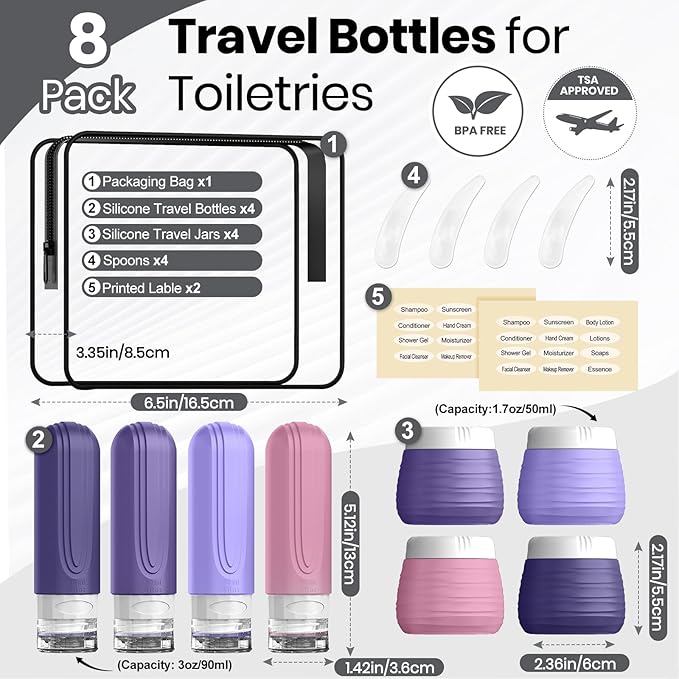 Travel Bottles for Toiletries 8 Pack, TSA Approved Travel Size Toiletries Containers Set, 4 Silicone Leak Proof Refillable Bottles and 4 Creams Jars Accessories Kit W/Clear Bag (PURPLE)