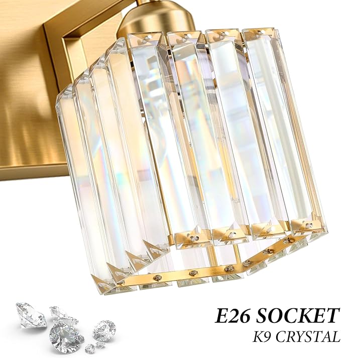 Gold Crystal Bathroom Vanity Light, 5-Light Modern Bathroom Lighting Fixtures Over Mirror,Chrome Wall Sconce Light Fixtures with Square Shade