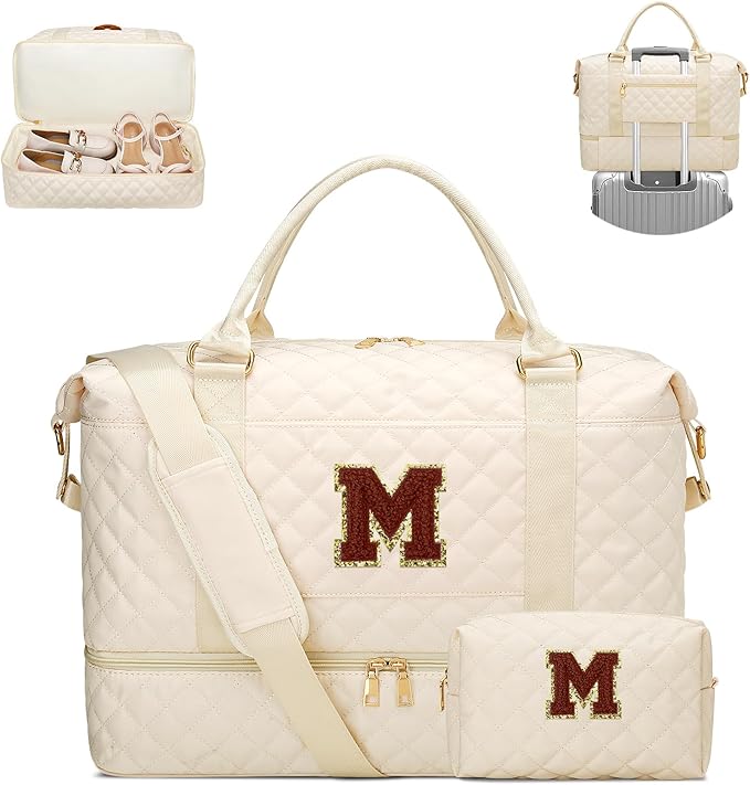 Gifts for Women Initial Travel Duffle Bag Quilted Weekender Bags Carry-On Overnight with Cosmetic Bag, Gym Bag with Shoe Compartment Hospital Bag for Women Labor Delivery, Beige-M