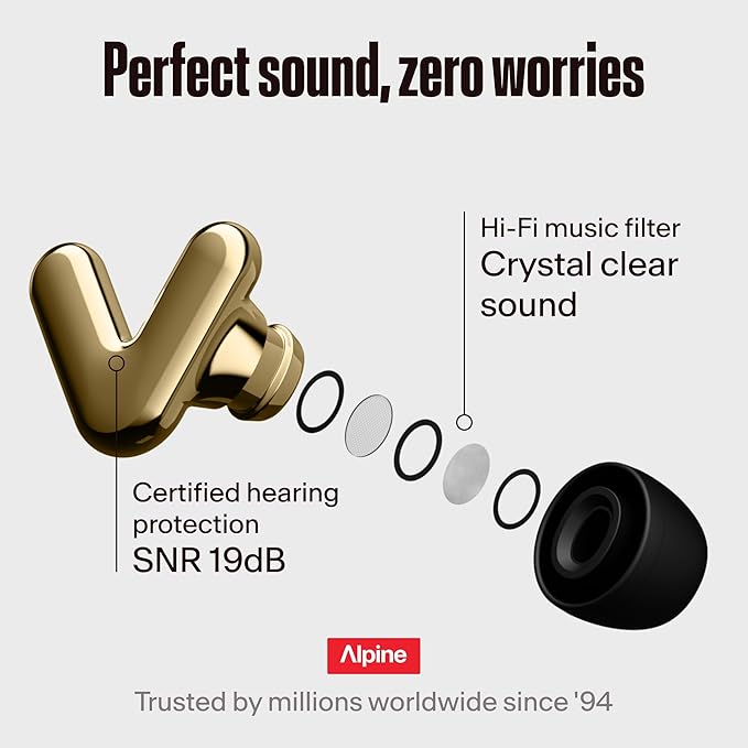 Alpine Tune Earplugs, Concert Ear Plugs for Noise Reduction, High Fidelity Music Quality, 19dB Hearing Protection with Crystal Clear Sound, Incl. 4 Sizes, for Parties, Raves, Festivals & Clubs, Gold