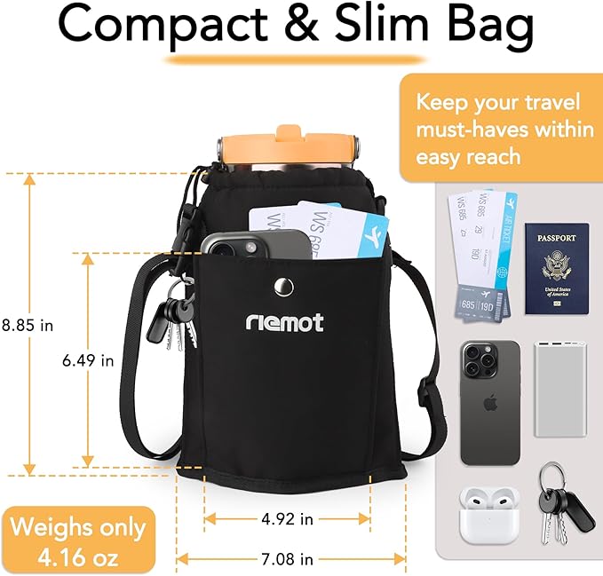riemot Luggage Cup Holder with Strap, Travel Drink Holder with Phone Pocket, Hands Free Suitcase Drink Carrier Fits Stanley 40oz Cups, Luggage Accessories for Travel Airport Convenience