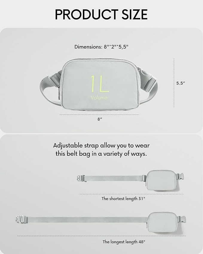 ODODOS Unisex Mini Belt Bag with Adjustable Strap Small Fanny Pack for Workout Running Traveling Hiking, Light Grey