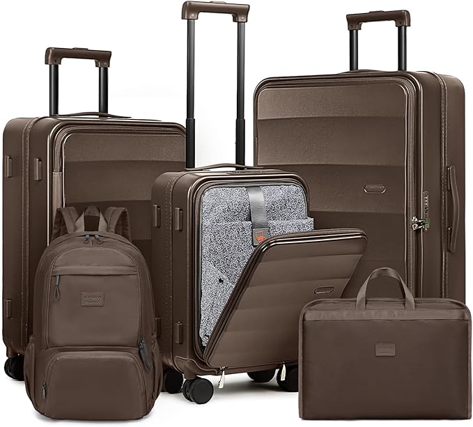 Joyway Luggage Set 5 Piece Top Opening Suitcase Set with Spinner Wheel and TSA Lock, PC Hard Shell Carry on Luggage with Front Pocket, Suitcase with Backpack and Foldable Storage Bag (Coffee)