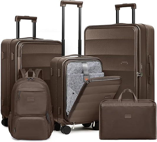 Joyway Luggage Set 5 Piece Top Opening Suitcase Set with Spinner Wheel and TSA Lock, PC Hard Shell Carry on Luggage with Front Pocket, Suitcase with Backpack and Foldable Storage Bag (Coffee)