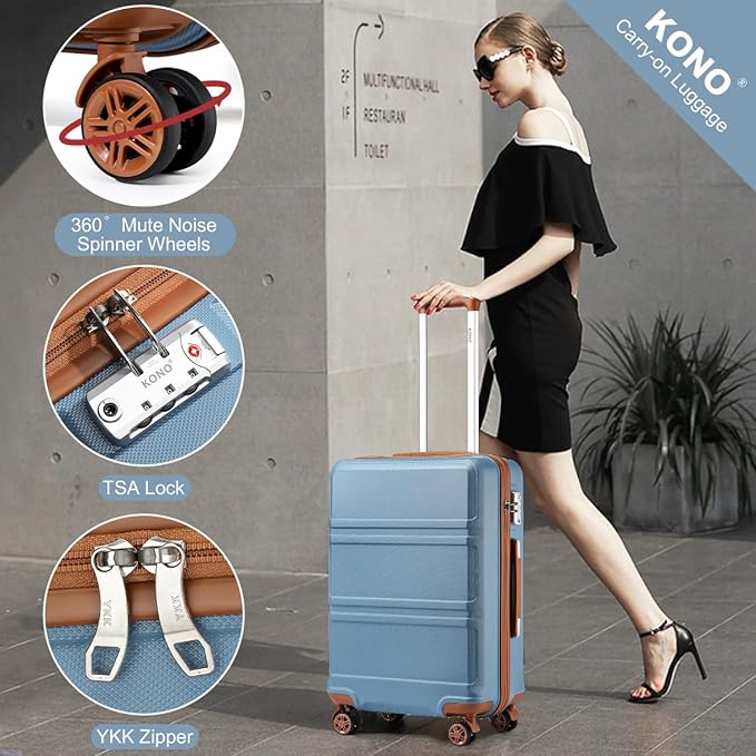 Kono 4 Piece Luggage Sets Expandable(only 28") with Spinner Wheels TSA Lock Lightweight PC+ABS Hardside Travel Rolling Suitcases 20in 24in 28in Carry on and 12in Mini Cosmetic Case Apricot Blue