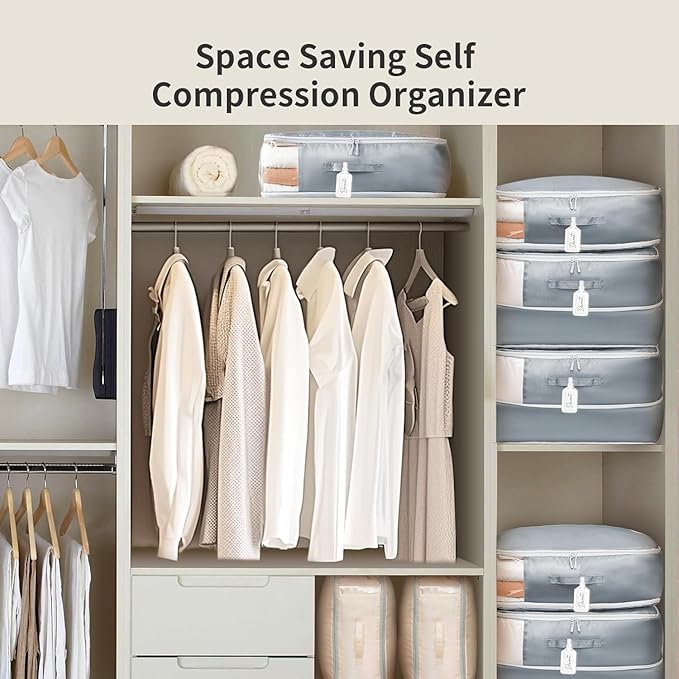 DIMJ Comforter Storage Bag - 110L Ultra Space Saving Self Compression Organize 4 Pack for Duvet, Pillow, Bedding, Blanket Storage Organizer Nylon Compression Bags
