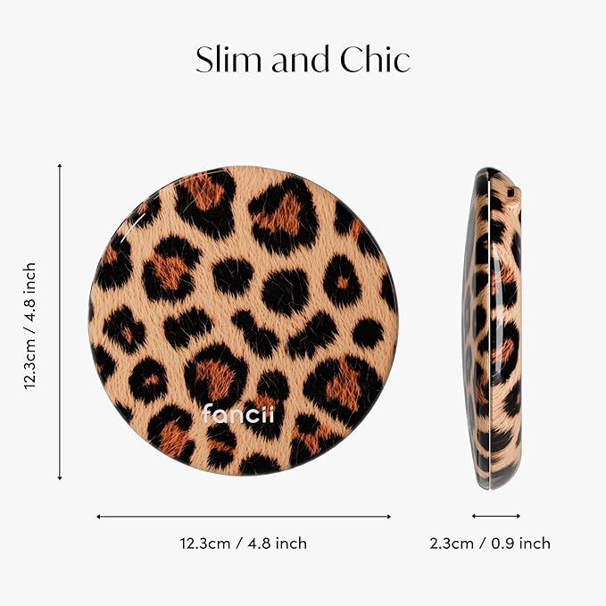 Fancii Taylor LED Lighted Travel Makeup Mirror, Rechargeable, 10x /1x Magnifying, Tru-Glow Lighting System, XL Large 5” Wide | Compact Mirror for Purses (Cheetah Chic)