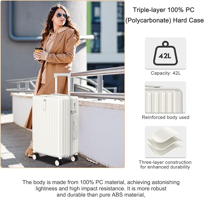 20 Inch Carry On Luggage 22x14x9 Airline Approved, PC Lightweight luggage with Spinner Wheels, 20 Inch Hardside Travel Luggage Bag with TSA Lock Rolling suitcase for Women