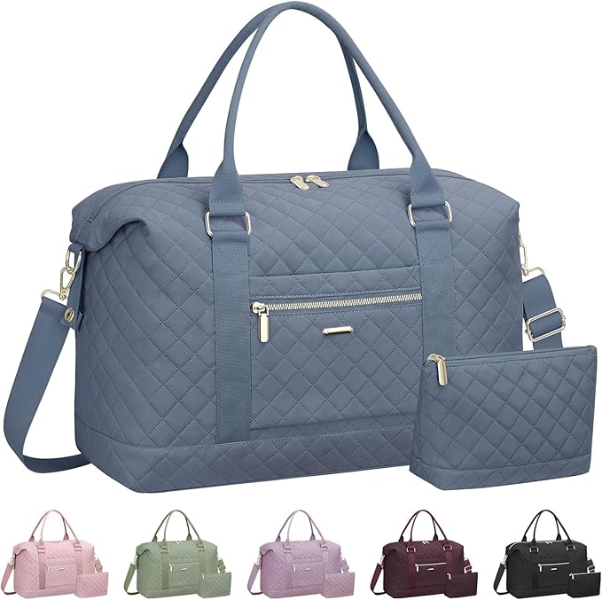 Quilted Travel Duffle Bag for Travel Women with Toiletry Bag, Large Weekender Bags for Women Carry on Duffel Overnight Bag, Waterproof Travel Tote Bags for Sports, Weekender, Business, Blue