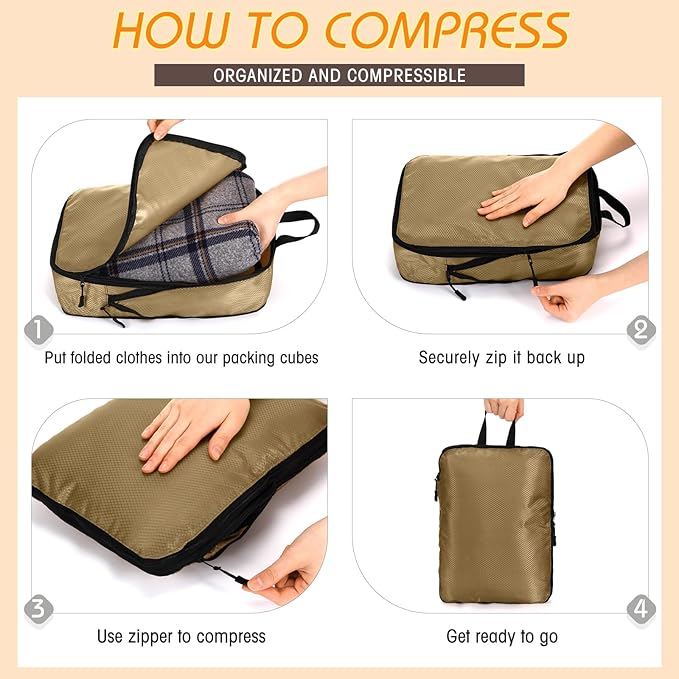 5 Pack Compression Packing Cubes for Travel Space Saving Cubes Luggage Organizer for Suitcase(Apricot,L)