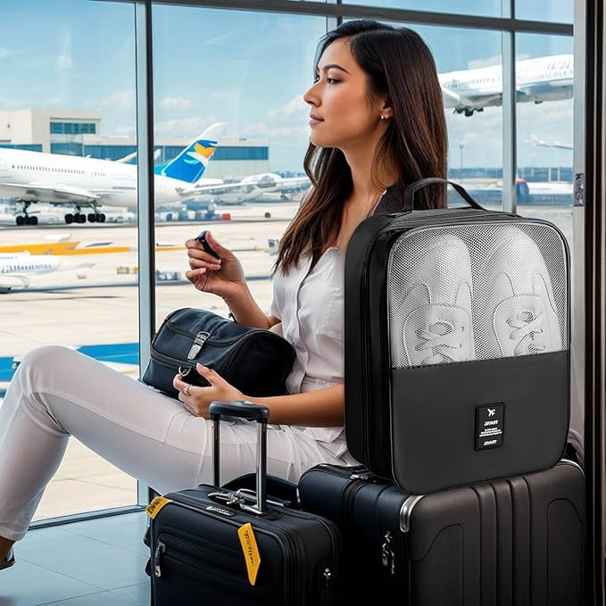 Shoe Bags for Travel Holds 3 Pair of Shoes, Shoe Storage Pouch with 2 Pack Portable Bags, Waterproof & Washable, Black