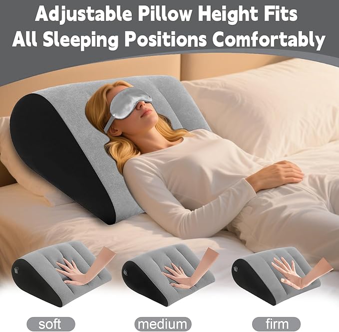 TheClover Inflatable Wedge Pillow for Sleeping - Leg Elevating Pillow with Sleep Mask, Bed Wedge Pillow for Camping, Grey