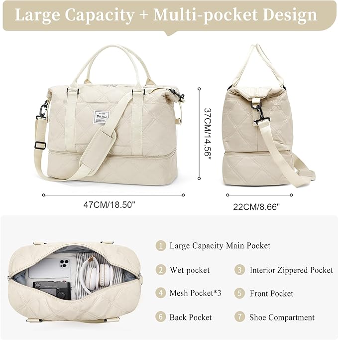 Weekender Bags for Women,Personal Item Travel Bag with Shoes Compartment,Overnight Travel Duffel Bag with Toiletry Bag,Quilted Beige