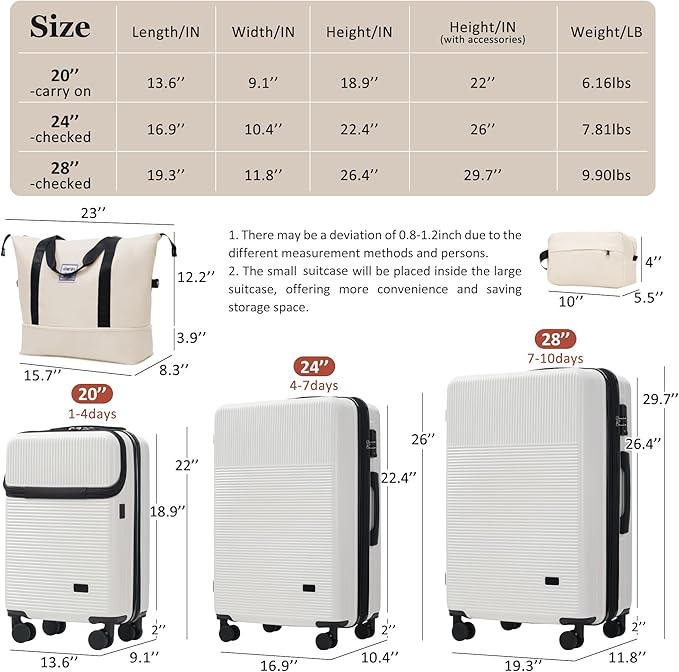Merax Luggage Sets 5 Piece,Front Half-open Hardshell Expandable Suitcase with Spinner Wheels and Duffel Bags,Lightweight Carry on Luggage with USB Port,20/24/28IN,White